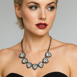 Statement Teardrop Crystal Necklace with Gunmetal Chain